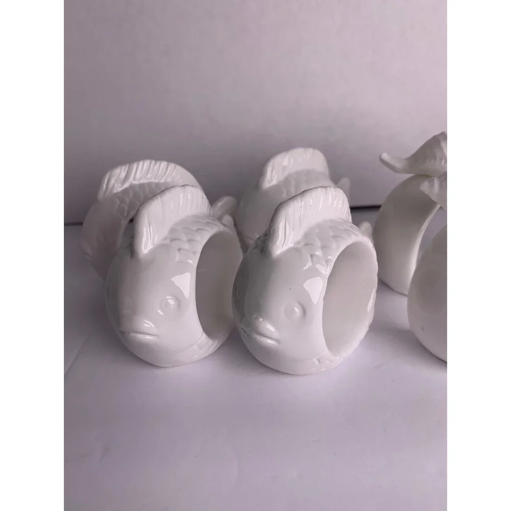 White Ceramic Nautical Napkin Rings Set of 8 Fish and‎ Seashell Coastal Decor